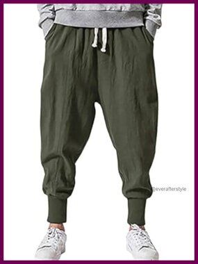 Mens Linen Harem Pants Lightweight Drawstring Waist Baggy Joggers Cargo